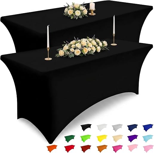 Smiry 2 Pack Spandex Table Cloth 6FT, Elastic Fitted Black Tablecloth | Washable Stretch Rectangle Tablecloths, Wrinkle Free Table Cover for Outdoor, Wedding, Banquet & Parties (72Lx30Wx30H Inch)