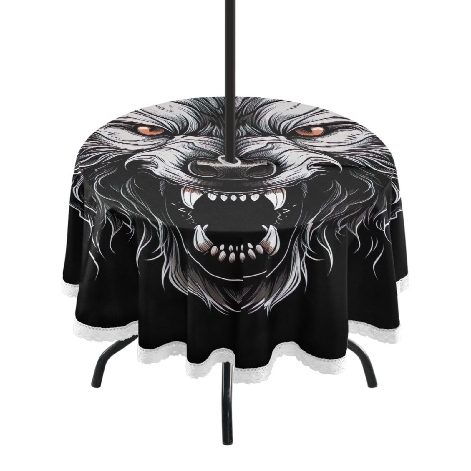 Wajiw 60 Inch Indoor Outdoor Round Tablecloth with Umbrella Hole and Zipper Waterproof Patio Table Cover for Camping Dining Room Party Outdoor Picnic,Wolf