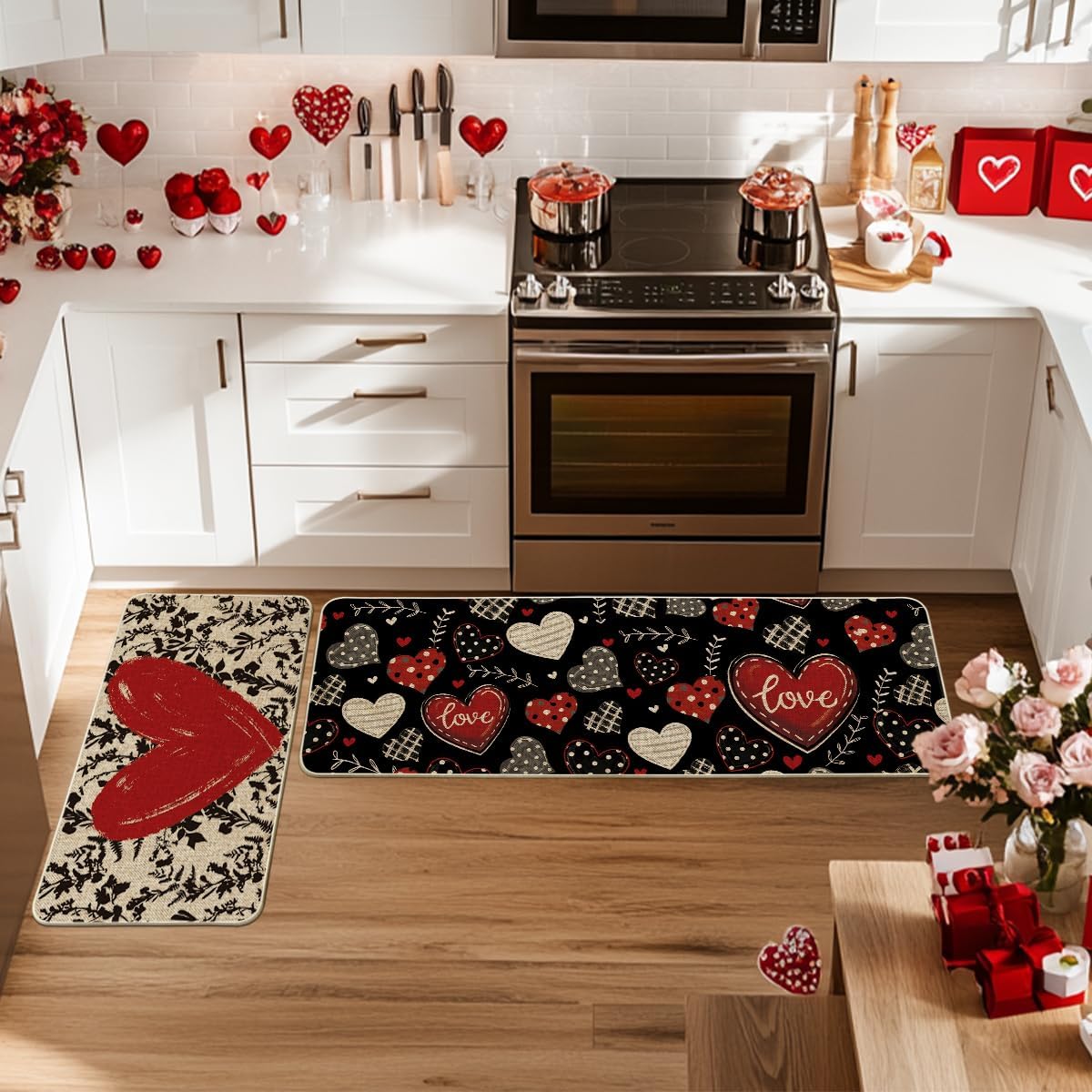 Artoid Mode Classic Button Heart Valentines Kitchen Mats Set of 2, Low-Profile Home Decor Kitchen Rugs for Floor - 17x29 and 17x47 Inch
