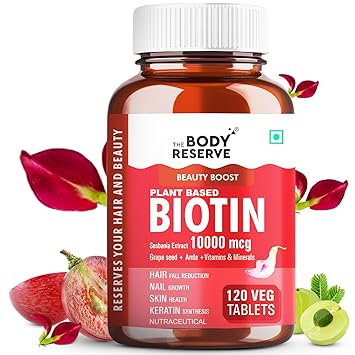 The Body Reserve Plant Based Biotin Tablets -120 Veg Tablets, Biotin from Sesbania with Amla, Grapeseed & Hair Multivitamins, Biotin helps Hair Growth, Strong Hair, Glowing Skin & Nails, For Men Women - image, photos