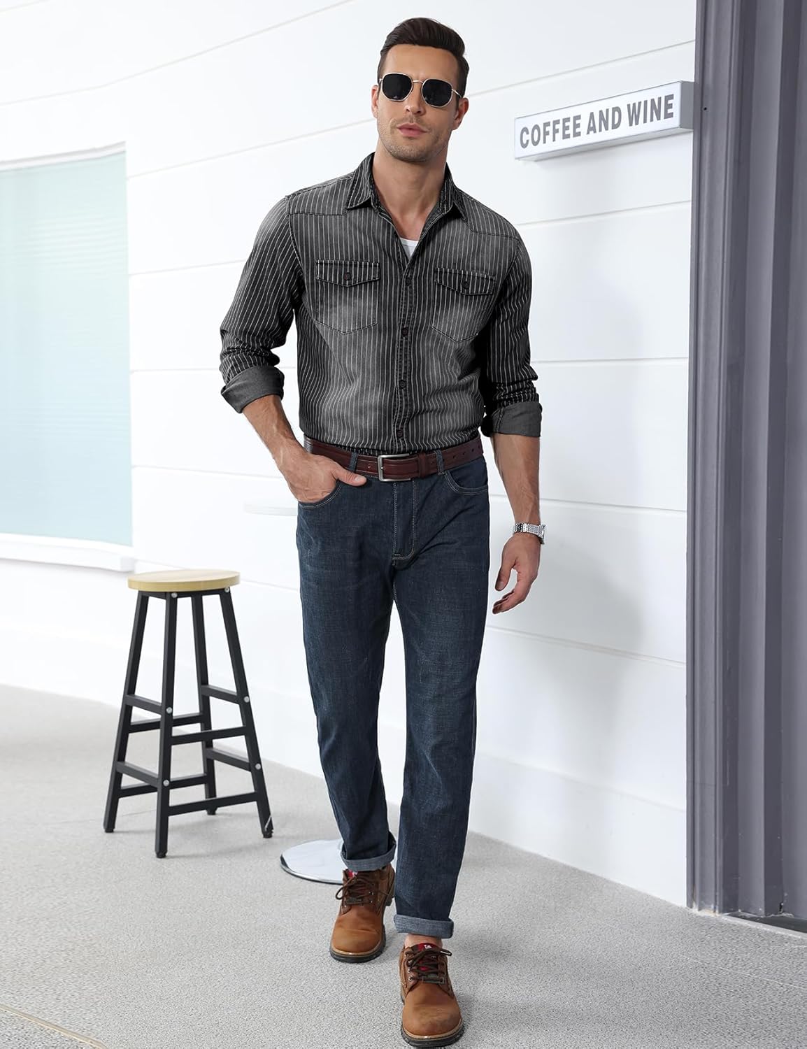 Kissonic Mens Denim Shirt Long Sleeve Slim Fit Jean Shirt for Men Button Down Causal Striped Denim Shirts - Image 4