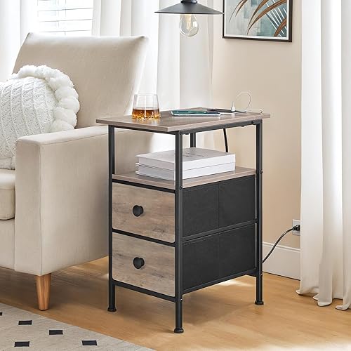 Miniatura 2 de HOOBRO Juego de 2 mesas auxiliares estrechas con luz LED y puerto USB C, mesita de noche con estación de carga, mesa auxiliar delgada con 2 cajones