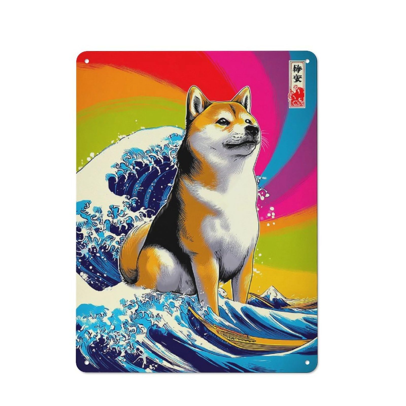 Junmoney Shiba Inu Riding A Wave -1 Vintage Tin Sign 40X30cm, Nostalgic Retro Room Decor For Bedroom, Office, Home Bar Or Dining Room