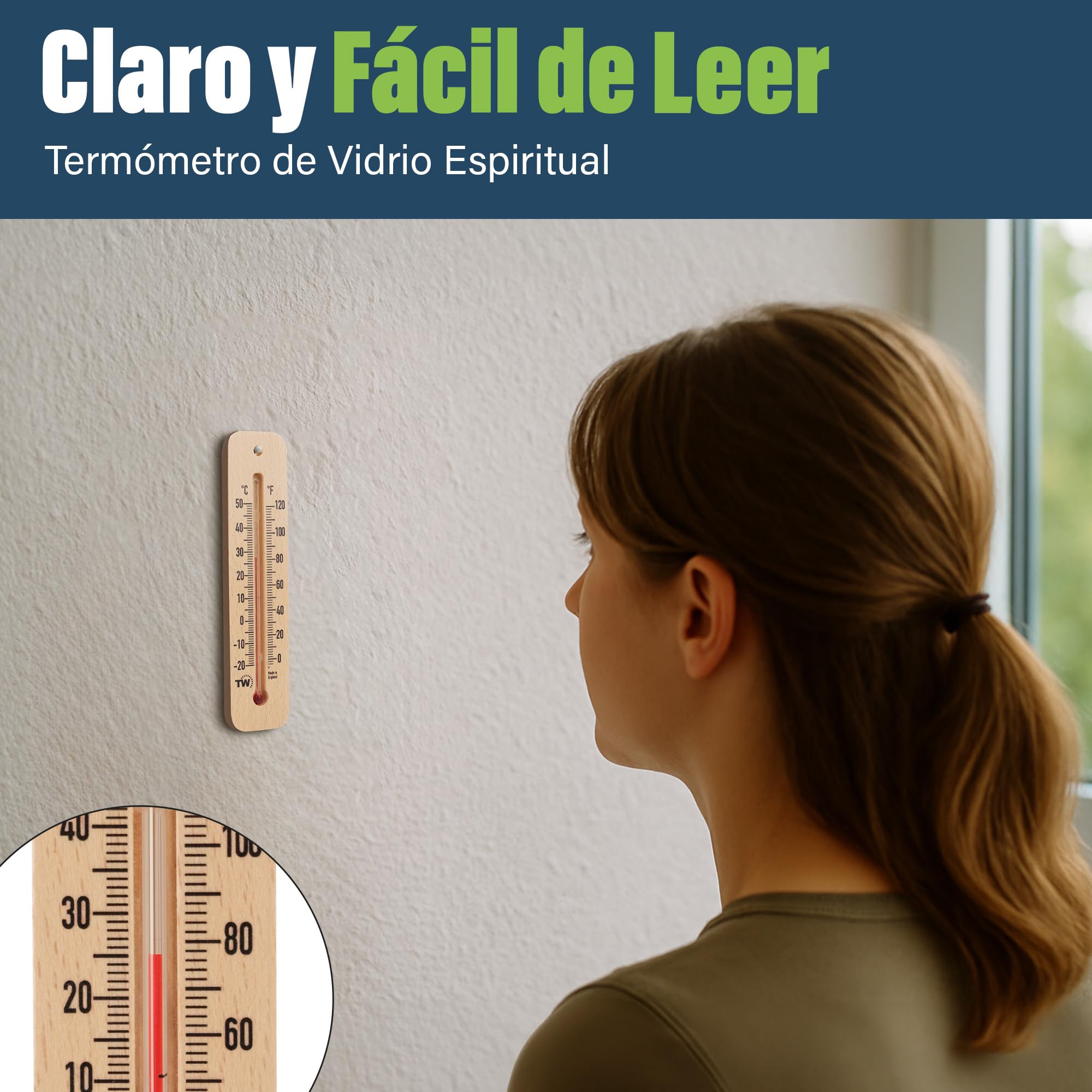 Termómetro Tradicional de Madera para Medir la Temperatura Ambiente, Ideal para Hogar, Oficina, Jardín, Invernadero o Garaje