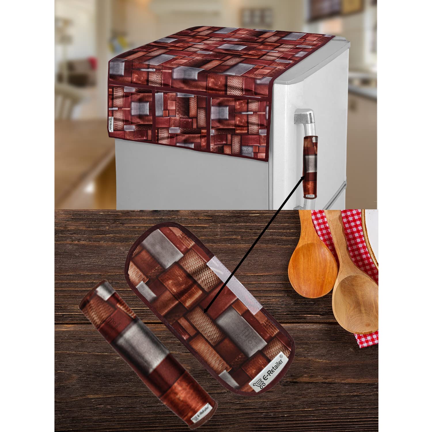 Polyester 3-Layered Digital Printed Fridge Top Cover/Refrigerator Cover With 6 Utility Pockets and 2 Pcs. Handle Cover (Color-Brown, Size-39x21 Inches)