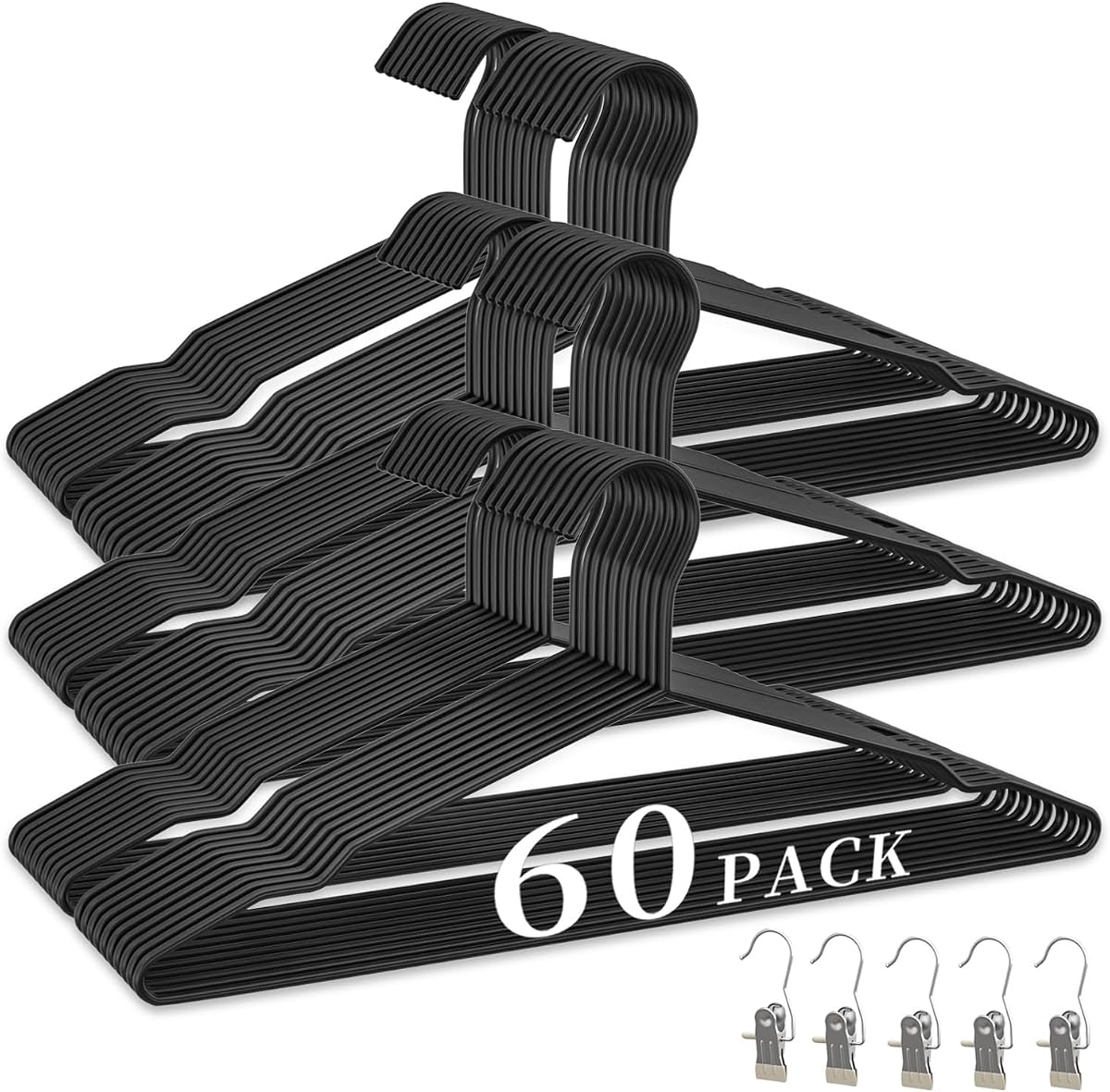60Pack Wire Hangers+5 Clothes Pins, Space Saving Metal Clothes Hangers | Ultra Thin Metal Hangers, 16.5"Bulk Hangers for Standard Sized Shirt, Suits, Jackets, Skirts, Home and Commercial