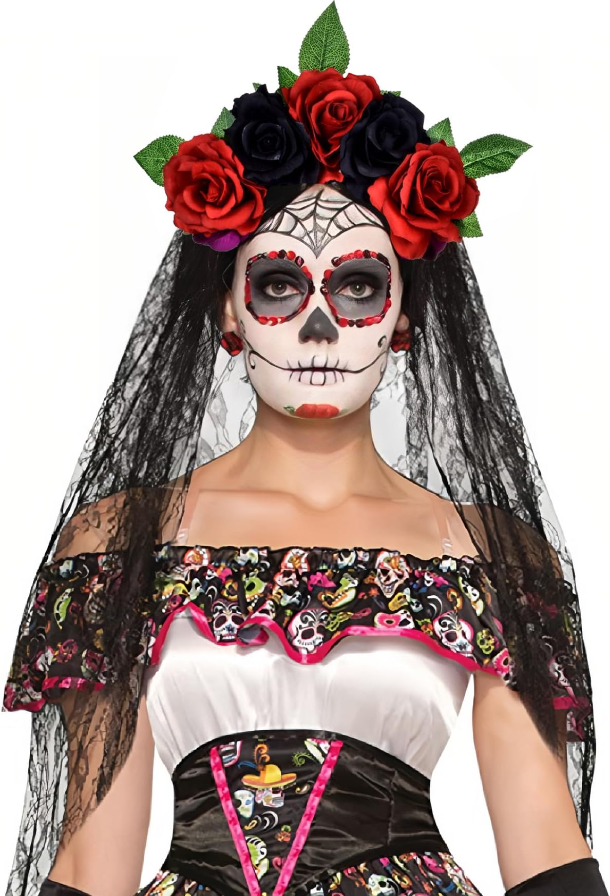 June Bloomy Day of the Dead Headpiece Rose Floral Crown Veil Halloween Costume Mexican Flower Headband