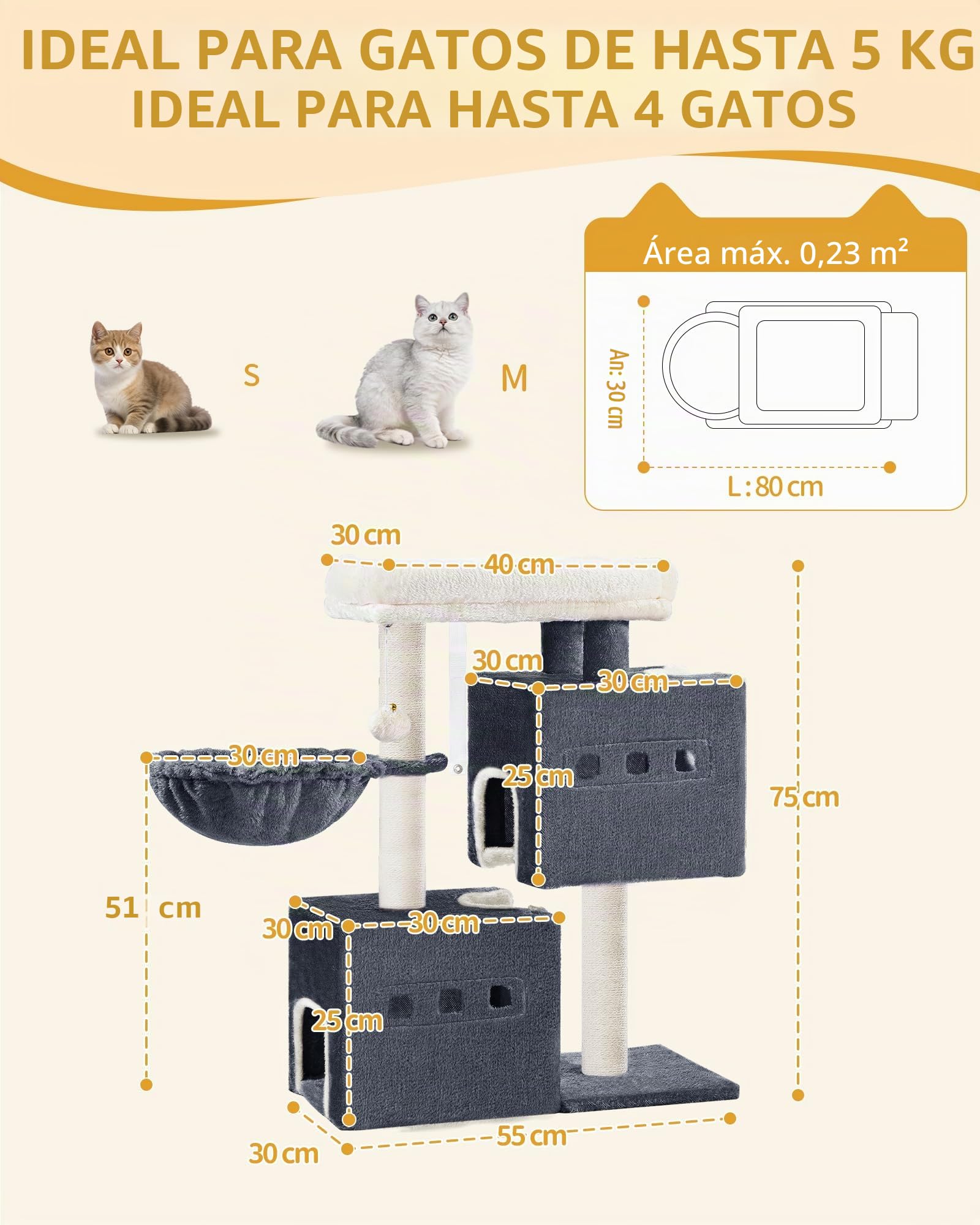 Hzuaneri 75 cm Árbol para Gatos, Árbol para Gatos, Poste rascador pequeño de Varios Niveles, con 4 Postes Rascadores, 2 Cuevas, Grandes Plataformas, Hamaca, Pompones, Gris Oscuro MS07618SG