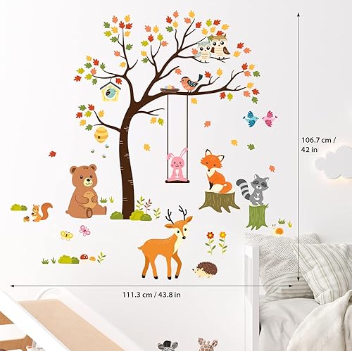 Miniatura 5 de DECOWALL SG-2208 Calcomanías de pared de árboles y animales, para guardería, niños, otoño, dormitorio, habitación de bebé, bosque, ciervo, bosque,