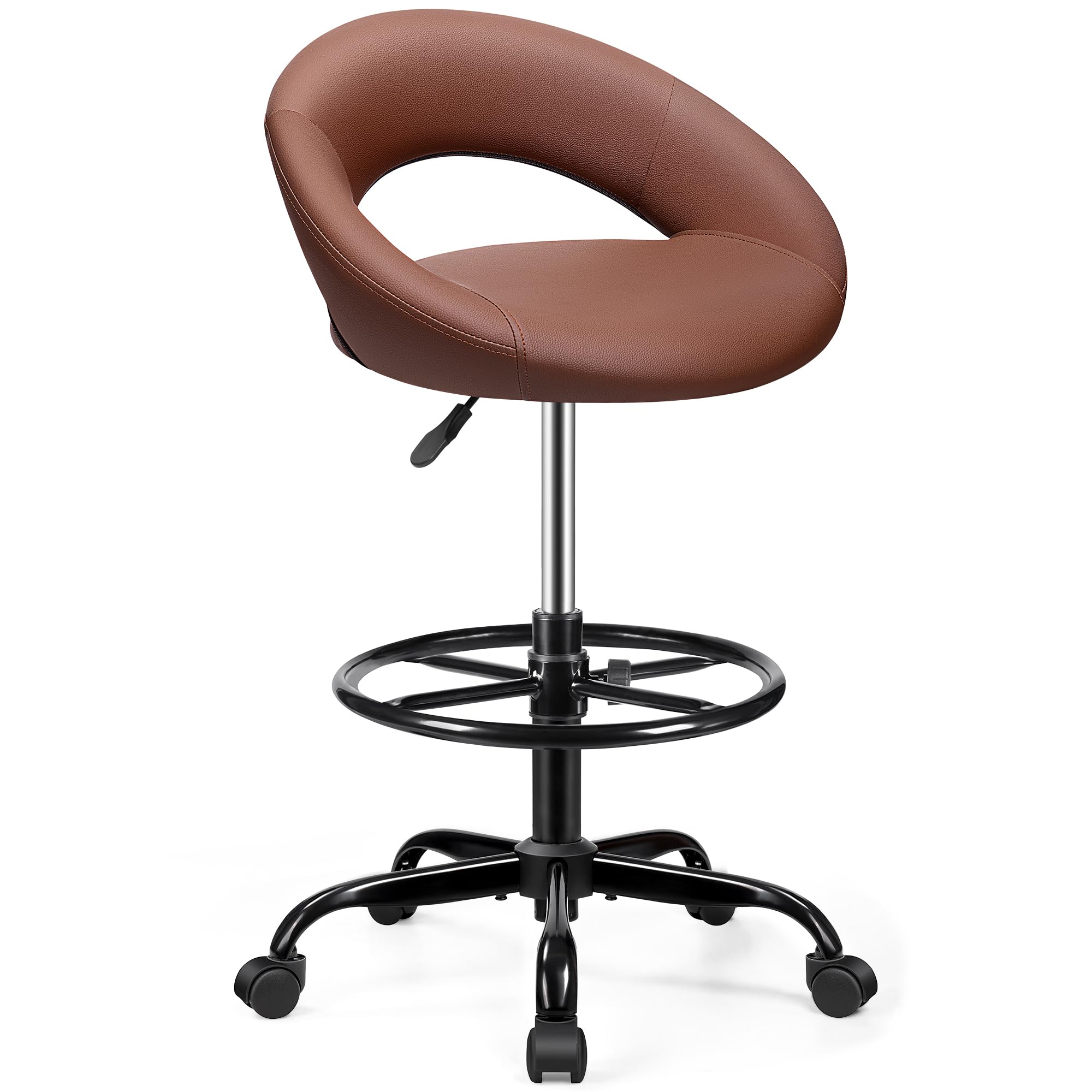 Drafting Chair with Back, Height Adjustable Rolling Stool with Foot Rest, Tall 360° Swivel Stool PU Leather Chair with Wheels for Home Office, Standing Desk, Brown