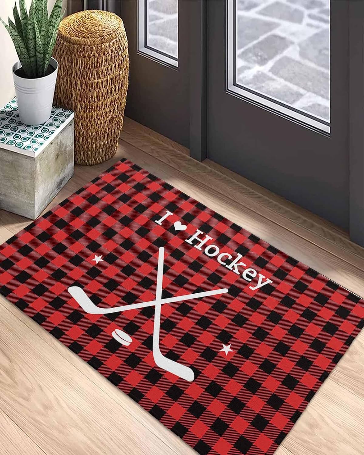 Welcome Doormat, Hockey Sports Star Red Buffalo Plaid Non-Slip Front Door Mat Absorbent Bath Mats, Black Check White Shadow Kitchen Rug Entrance Rugs for Bathroom Bedroom 18x30in