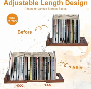 Vinyl Record Storage Stand, Expandable Vinyl Stand for 30-70 LPs, Now Playing Records Holder, Adjustable Vinyl Display Rack, Wood Record Holder for Albums, CDs, Magazines