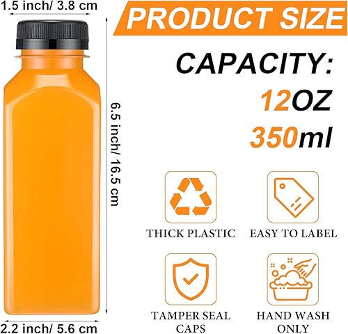 Miniatura 8 de 200 botellas de plástico con tapas, botellas cuadradas transparentes para jugos, recipientes para bebidas, reutilizables, botellas vacías para