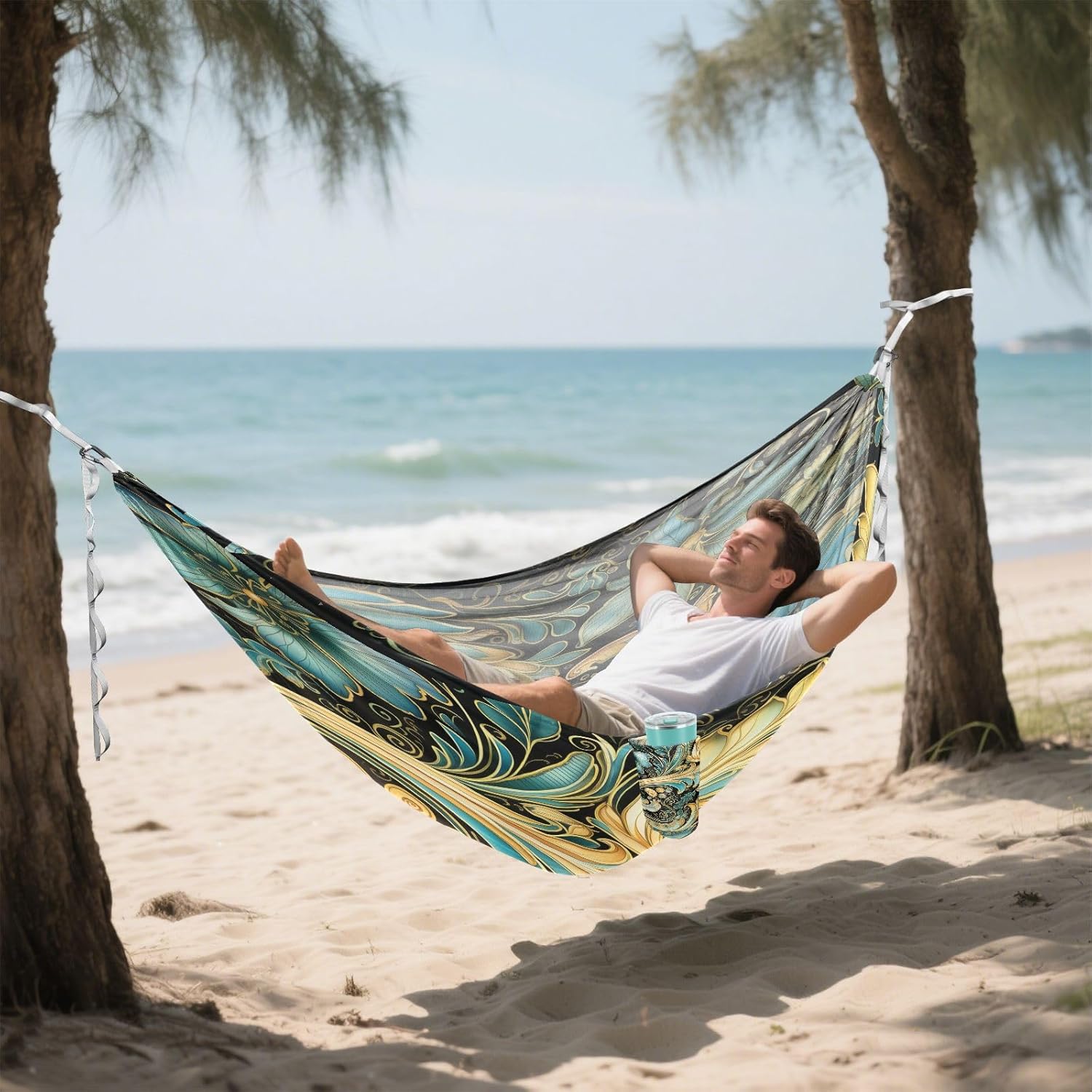 ALAZA Blue & Gold Paisley Ornament Camping Hammocks Single or 2 Person 500 lbs Portable Parachute Travel Hammock w/Tree Straps for Hiking Backpacking Indoor Outdoor