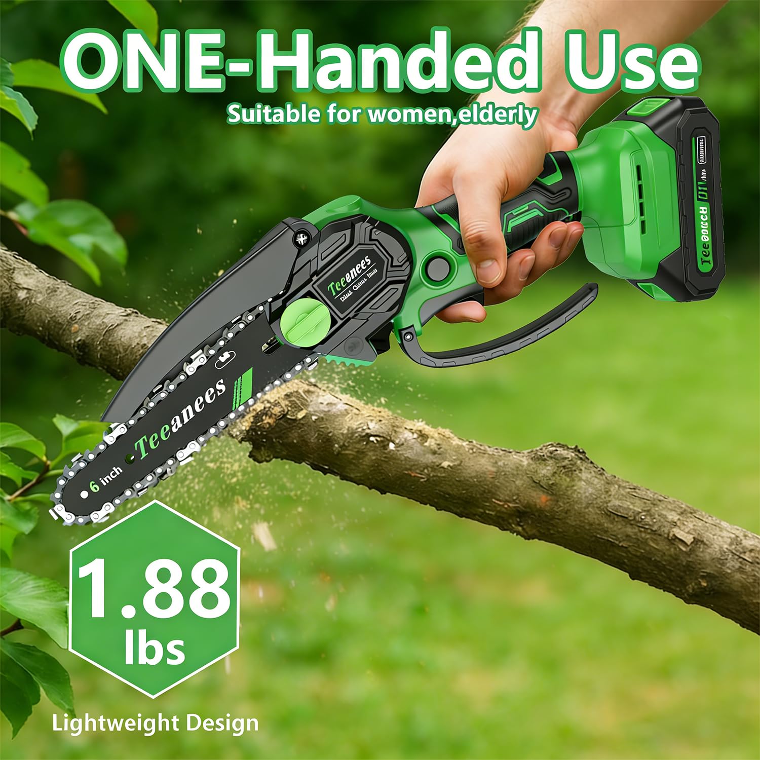 Mini motosierra inalámbrica de 6 pulgadas, motosierra eléctrica alimentada por pilas con engrasador automático, bloqueo de seguridad para cortar madera, podar árboles, jardín y uso doméstico