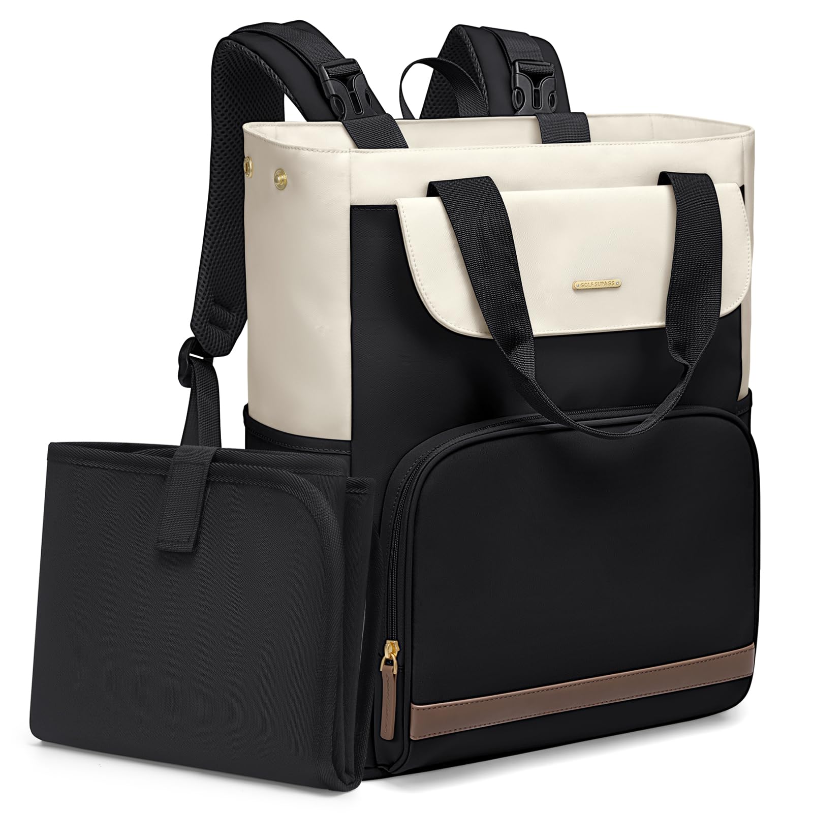 GOLF SUPAGS 25L Baby Wickelrucksack mit Tragbarer Wickelauflage und Kinderwagengurte, Lsoliertes Lunch Rucksack, Diaper Bag Babytasche Multifunktional für Mama und Papa (Schwarz & Weiß)