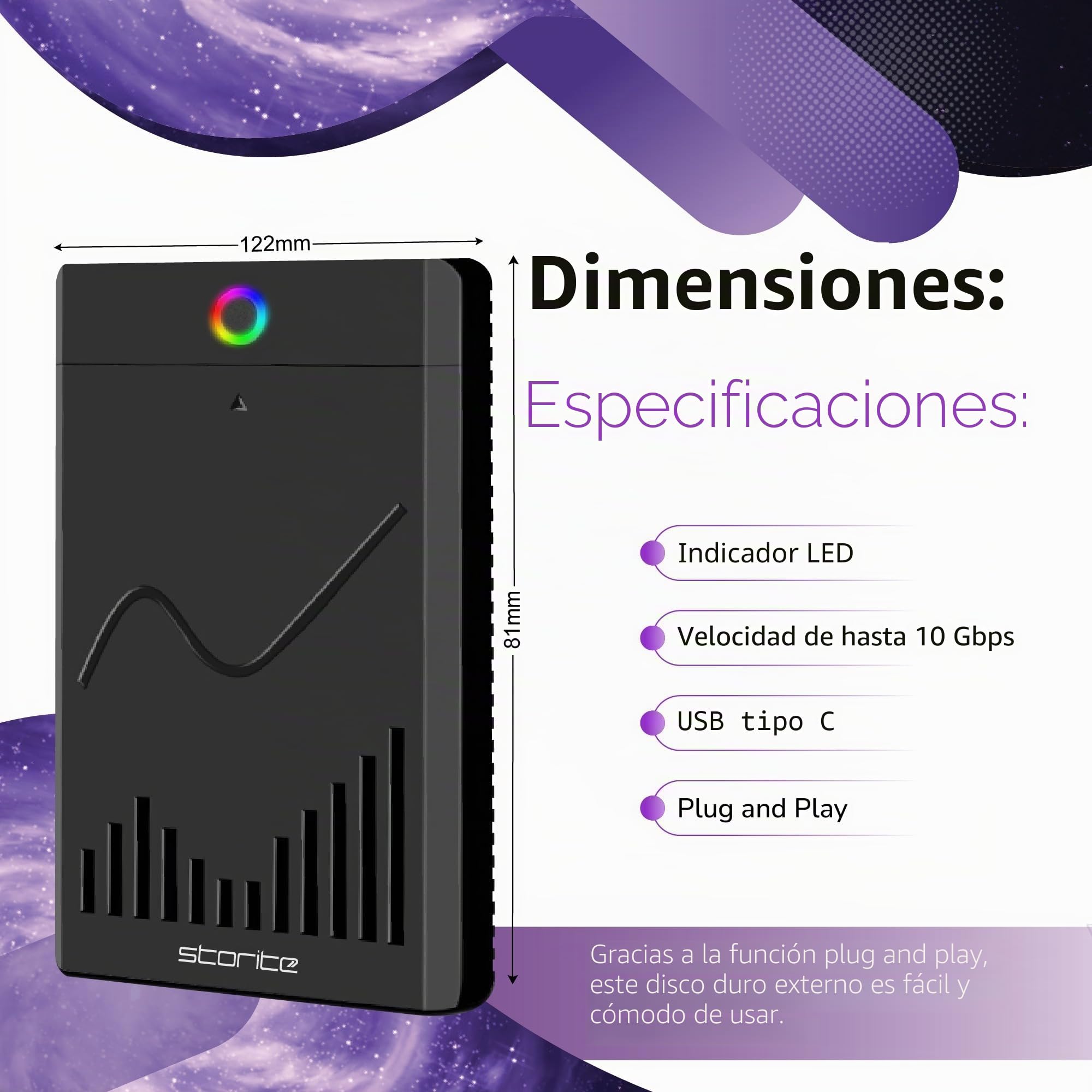 Storite - Disco Duro Externo Portátil Tipo C De 500 GB, Almacenamiento De Copia De Seguridad HDD De 2,5" con Transferencia De Datos Rápida USB 3.1/USB C, Compatible con Teléfono, Xbox One (Negro)