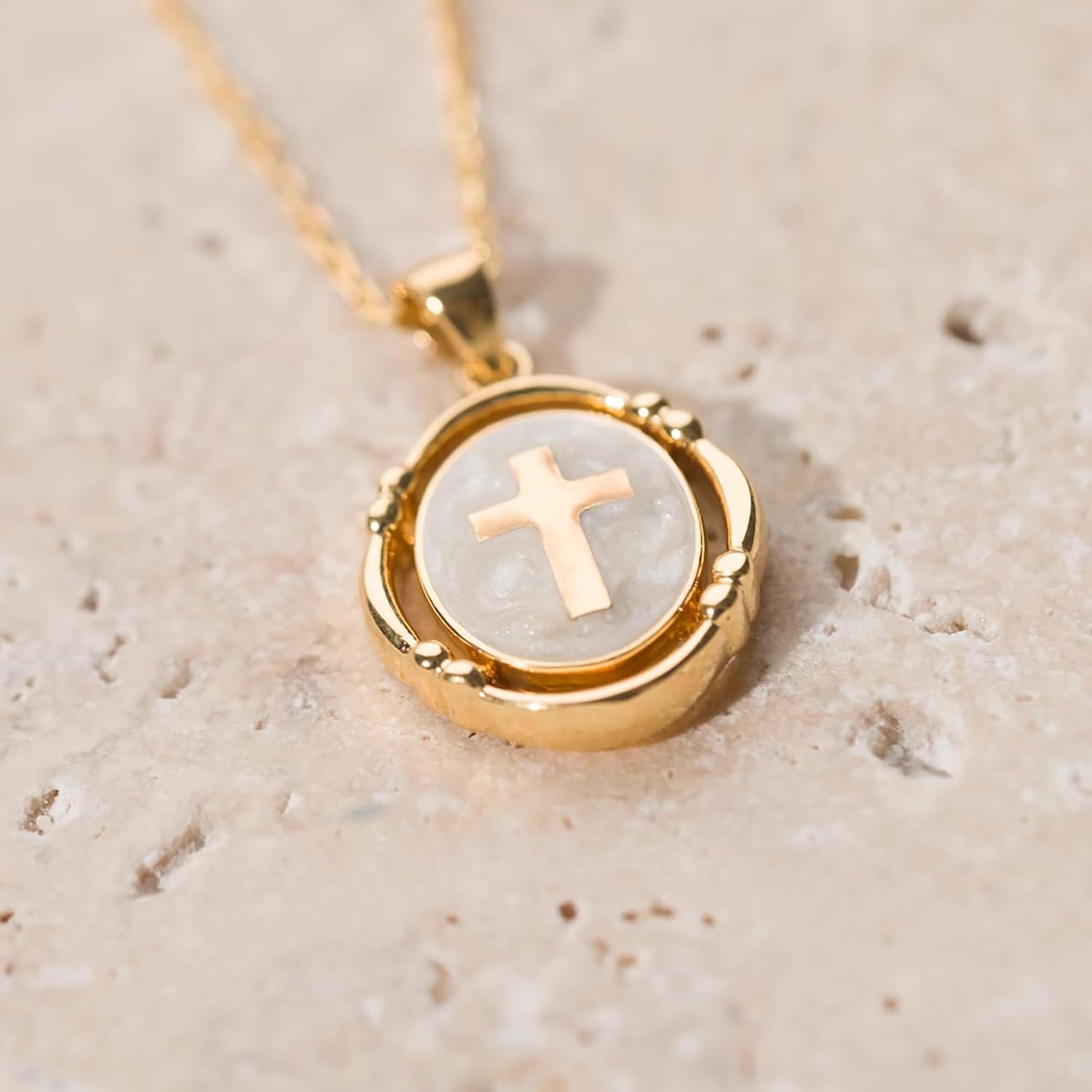 Dainty Cross Necklace for Women Pearl White Enamel 18K Gold Plated Stainless Steel Everyday Religious Gift for Christmas Birthday - Image 6