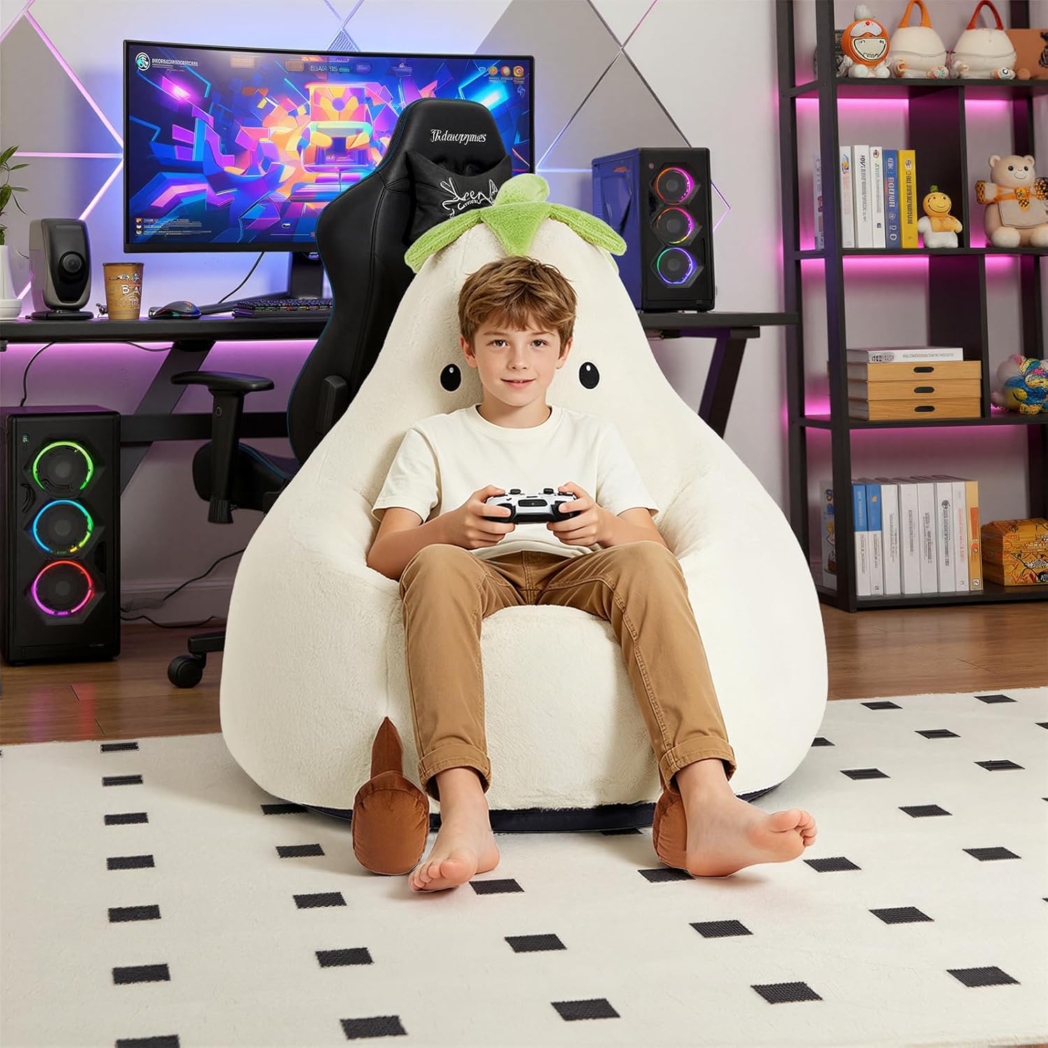 31 Inches Memory Foam Bean Bag Chair - Ultra Soft Faux Rabbit Fur Round Sofa with Handle & Machine Washable Cover, Eggplant-Shaped Kids Reading Chair for Bedroom, Living Room and Playroom, Beige