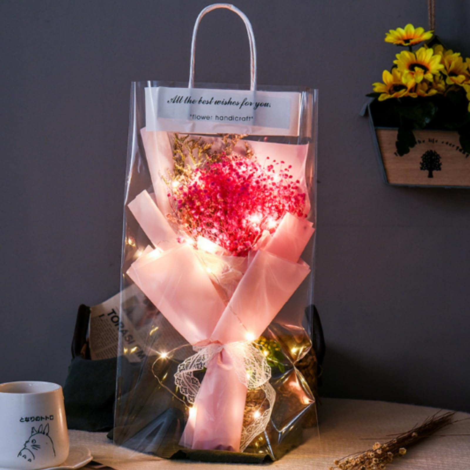 Bouquet de fleurs préservées avec guirlande LED et sac cadeau pour femme