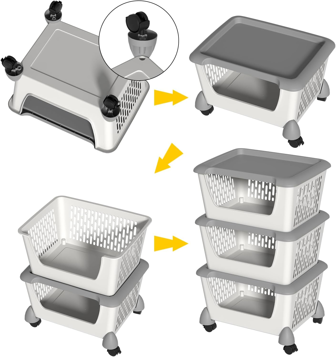 Gray Plastic Stacking Organizer Basket with Wheels, 3-Tier Multi-function Stackable Storage Basket