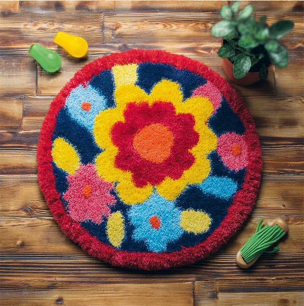 kitphoenix Round Shape Latch Hook Kits Rug Flower Blossom 20X20Inch (50X50Cm) DIY Cushion Rug Carpet Making Crochet Hook Kits Preprinted Pattern Canvas Cushion Arylic Yarn Hooking Kits Mat Kits