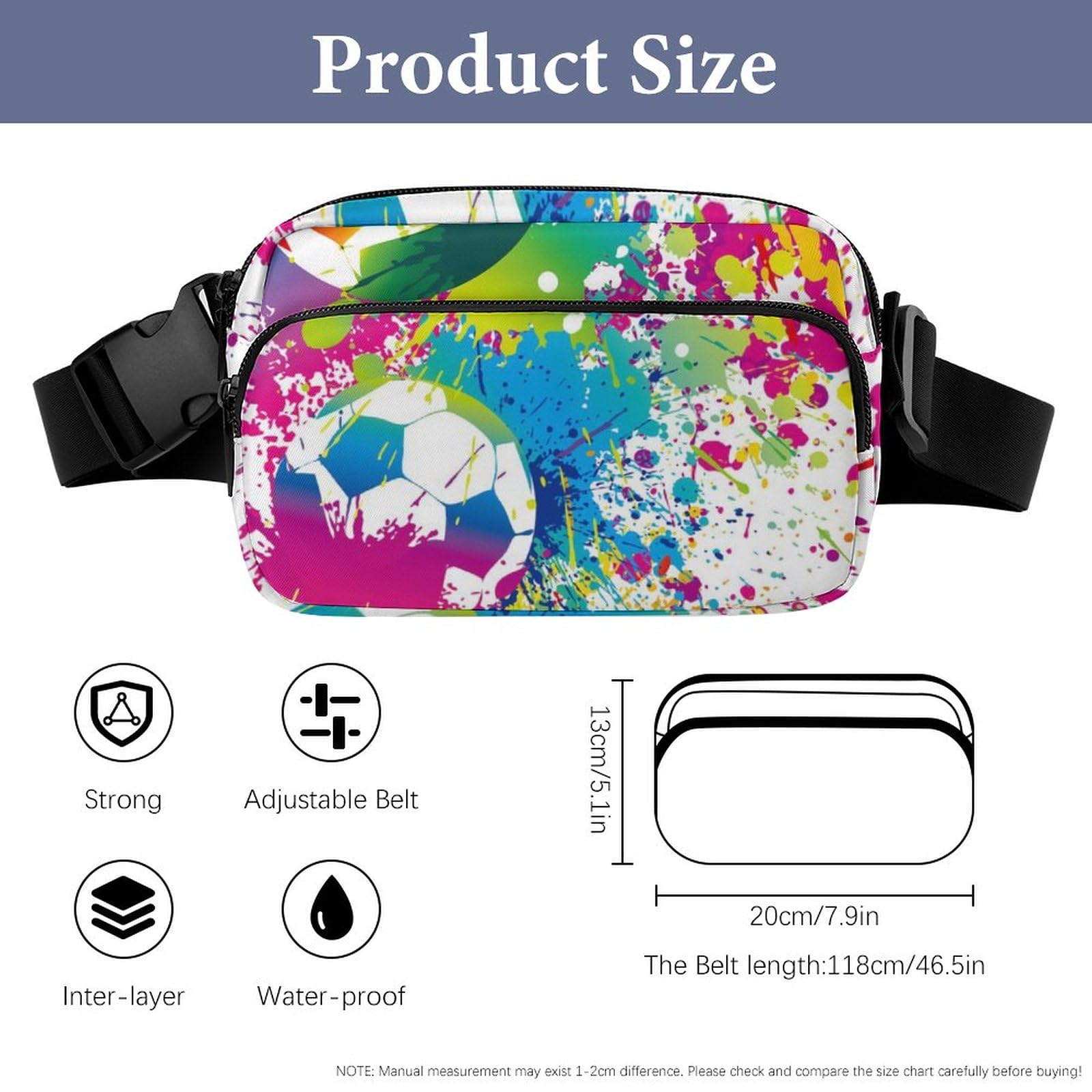 Fanny Packs for Women Men, Splash Ink Colorful Paint Football Soccer Ball Belt Pack Lightweight Hip Bum Bag Stylish Water Resistant Hiking Waist Bag for Sports Festival Workout