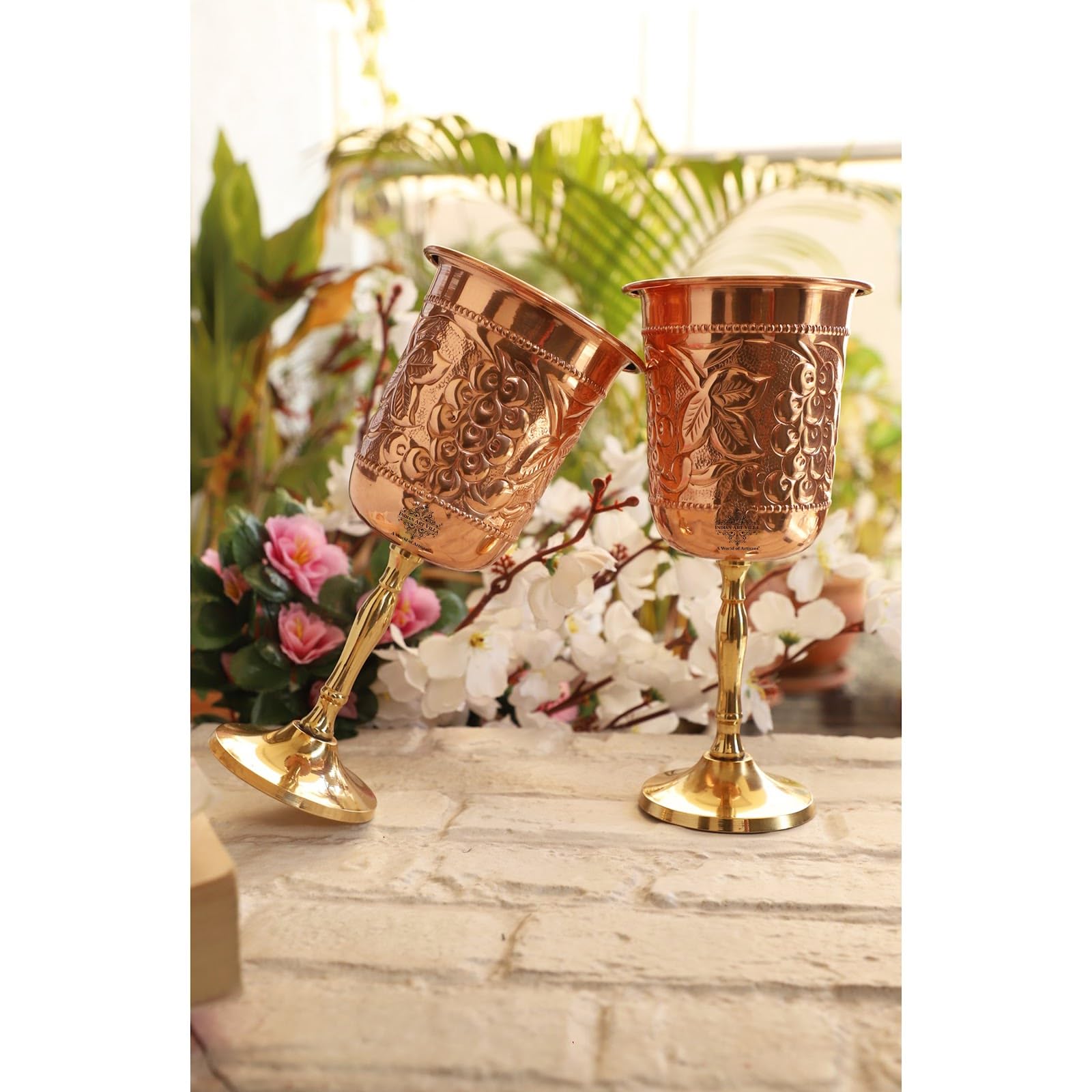 INDIAN ART VILLA Pure Copper Wine Glass with Grape Vines Embossed Design & Brass Bottom, Serving Drinking Wine Cocktail Bar Hotel Restaurant, Volume-300 ML Pack of - 2 1