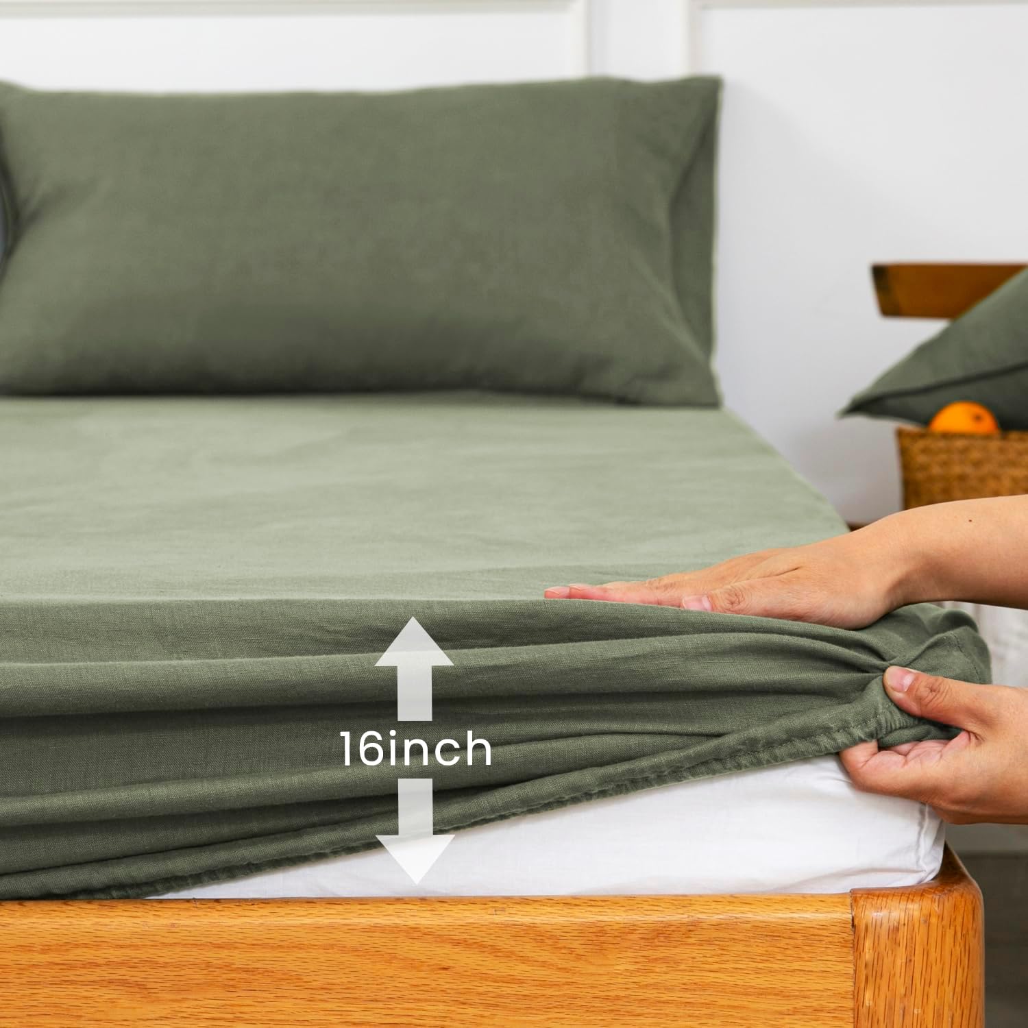 S VICTORY SYMBOL 100% Organic Linen Fitted Sheet 1 Piece King Size,Mattress Cover 16inch Deep Pocket,Stone Washed Natural French Flax Bottom Sheet-Burnt Olive