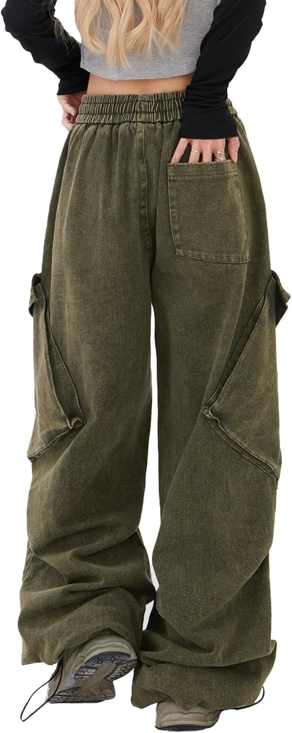Bakyarder Washed Cargo Pants Distressed Jeans Wide Leg Elastic Waist Unisex Pants with Big Pockets