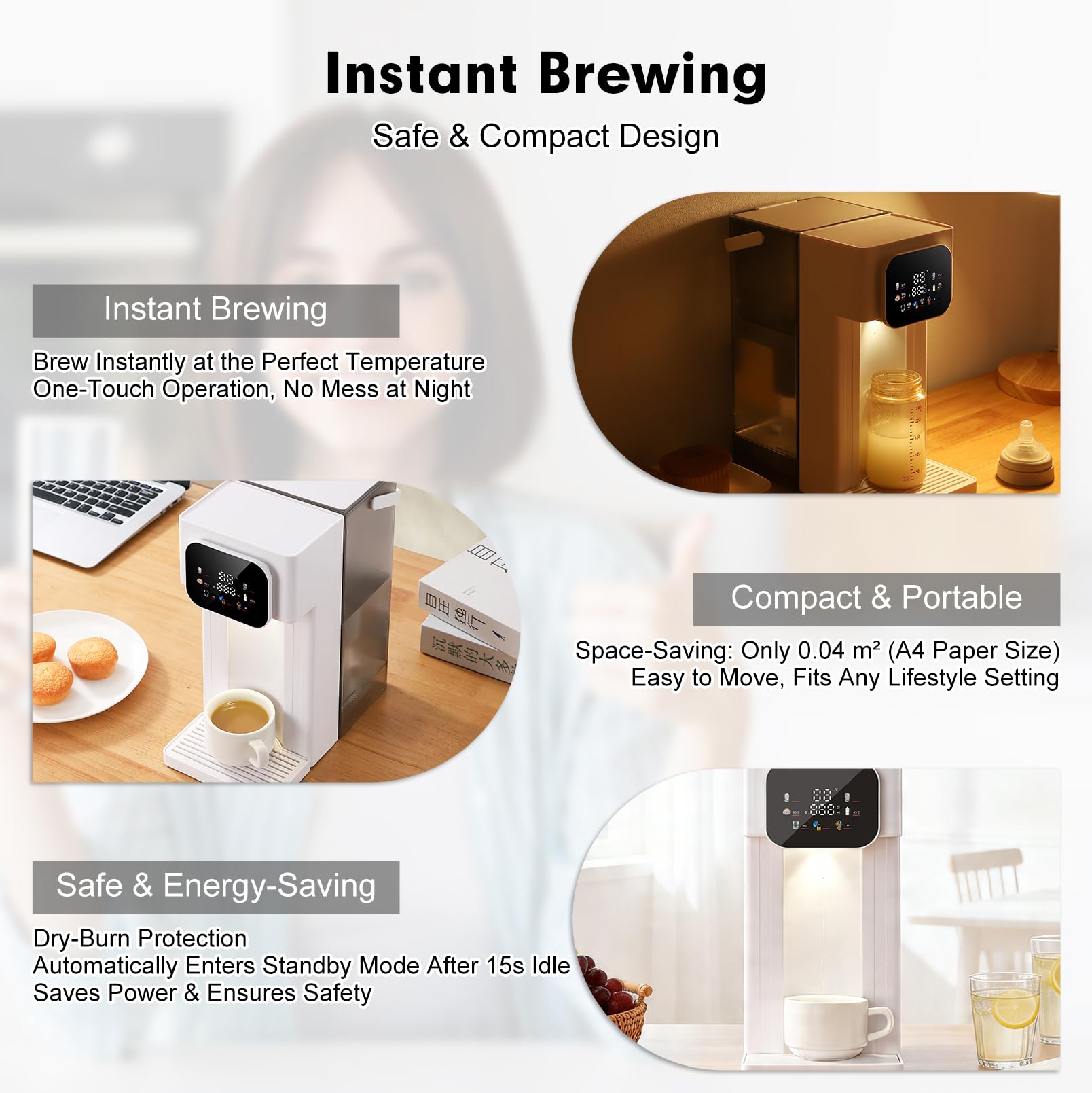 Dispensador de agua caliente, multifuncional de 3 L, 12 niveles de temperatura, 8 cantidades de agua, pantalla táctil digital, bloqueo para niños, depósito de agua extraíble, cartuchos de filtro y