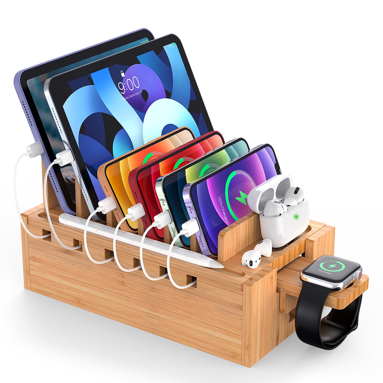 Pezin & Hulin Wooden Charging Dock, Natural Bamboo Charge Dock with Storage Compartment, Compatible with Cell Phone, Tablet, Smart Watch and Multi Devices