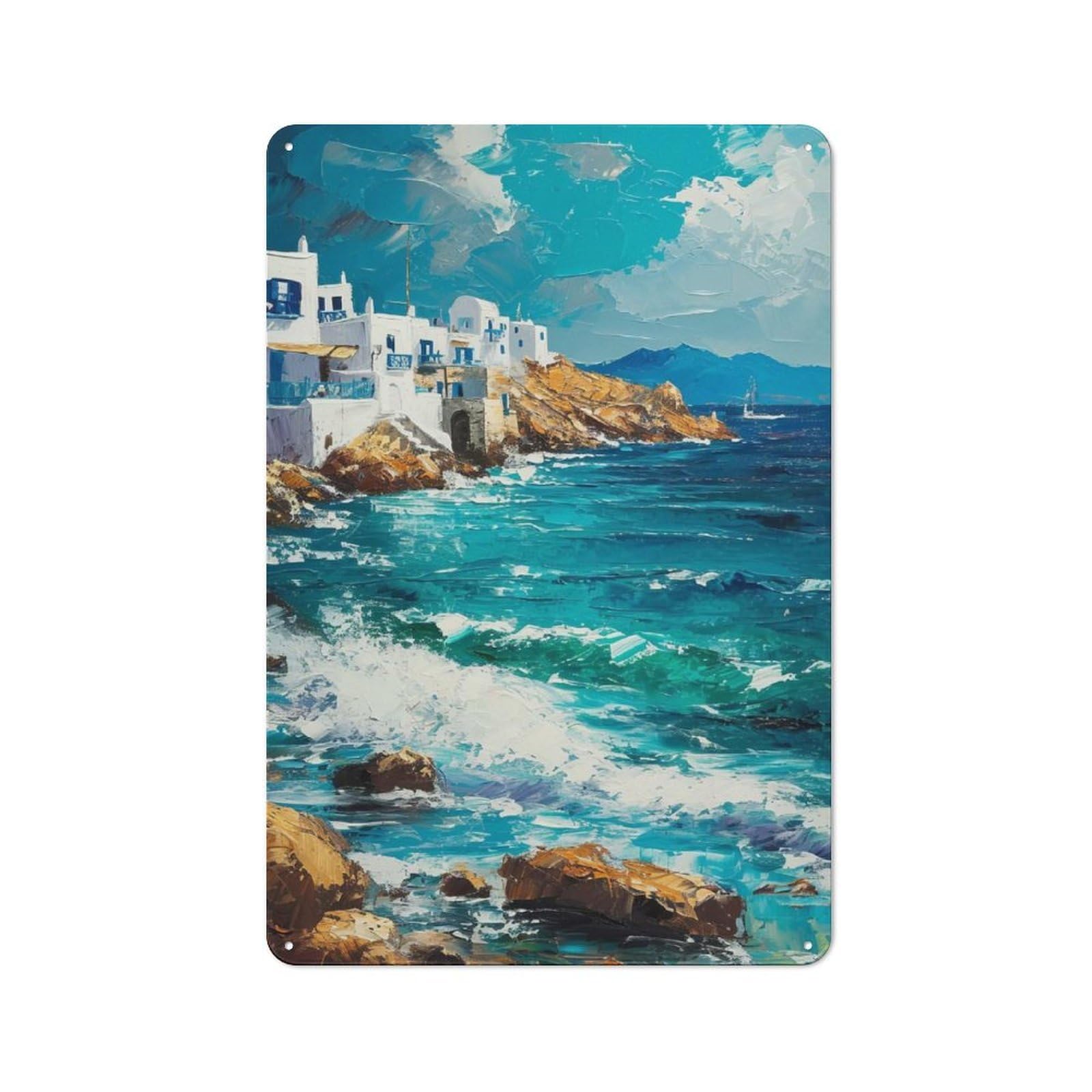 Junmoney Style-16 Vintage Vintage Tin Sign 30X20cm Featuring Coastal Village Painting With Turquoise Sea, Cafe Wall Decor For Coffee Bar, Kitchen, Bistro Or Tea Corner