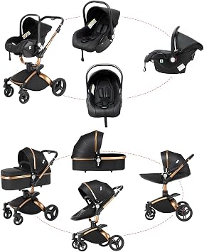 Magic ZC PU Leather 3 in 1 Pushchair Pram Travel System, Baby Stroller 3 in 1 with 360° Rotatable Seat, Newborn Infant Buggy with Aluminum Frame, Toddler Carriage with One-Click Folding (906 Brown-1)