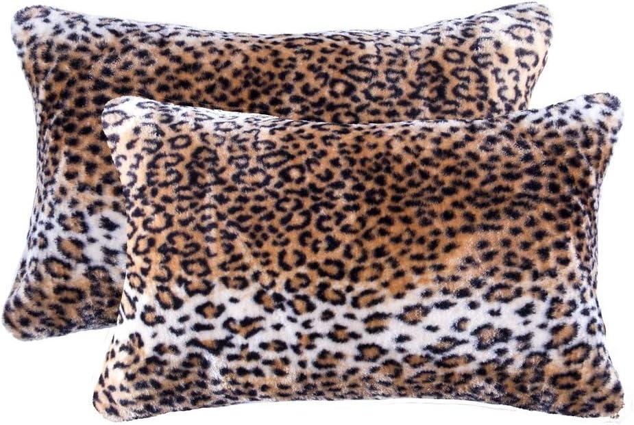 Luxe Fur Throw Pillows for Couch and Bed | Lush Double-Sided Faux Fur Pillow Set of 2 | Belton El Paso Leopard Accent Pillows with Insert, 12 in x 20 in