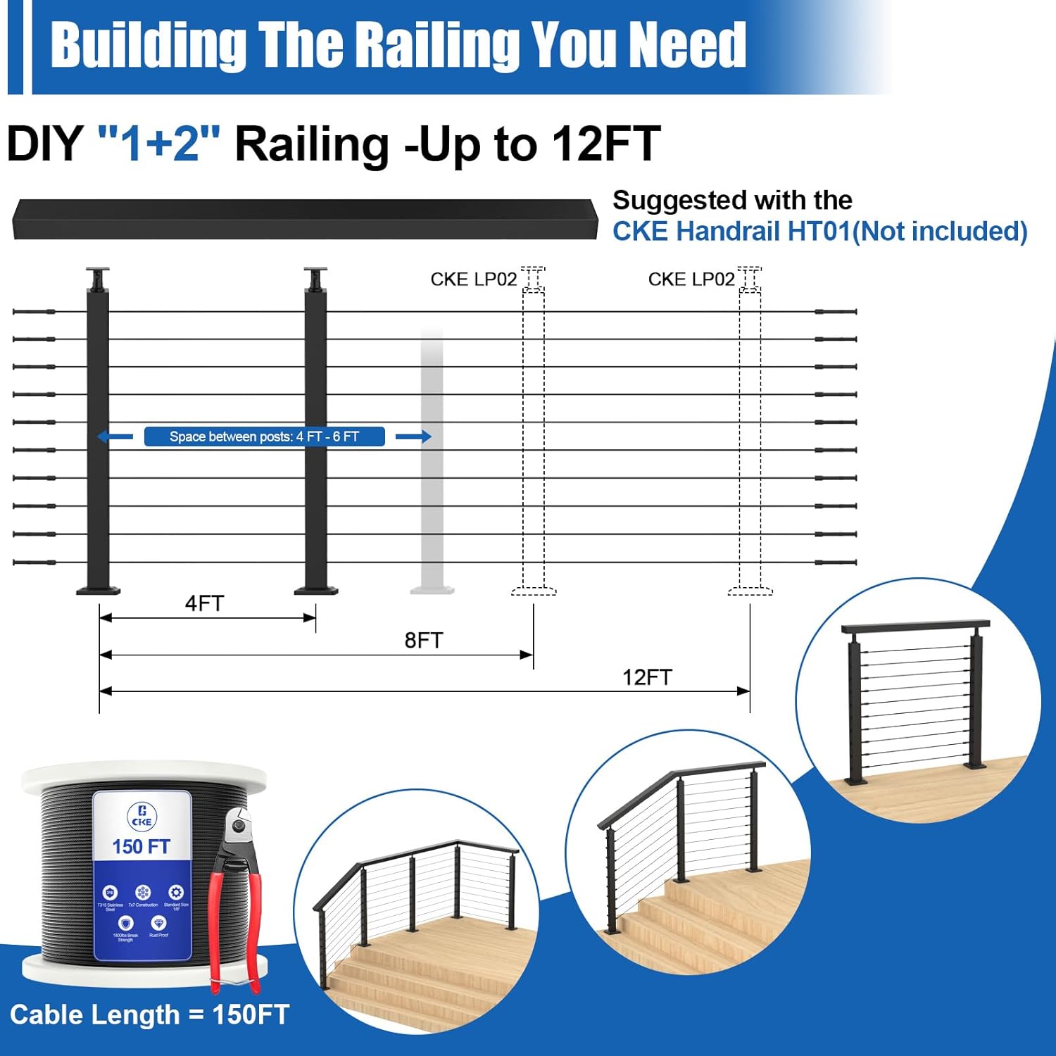 CKE 5-10ft Complete Set 36" Cable Railing Post Kit, 2Pack Adjustable Top Level Drilled Line Posts(35"x2"x2"), 150ft 1/8" Wire Rope, Black Swageless Invisible Cable Railing Kit (No Handrail) LPS01