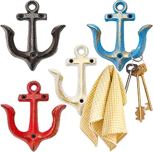 Yarlung 4 Pack Nautical Anchor Wall Hooks - Vintage Shabby Chic Cast Iron Coat Hooks Rack