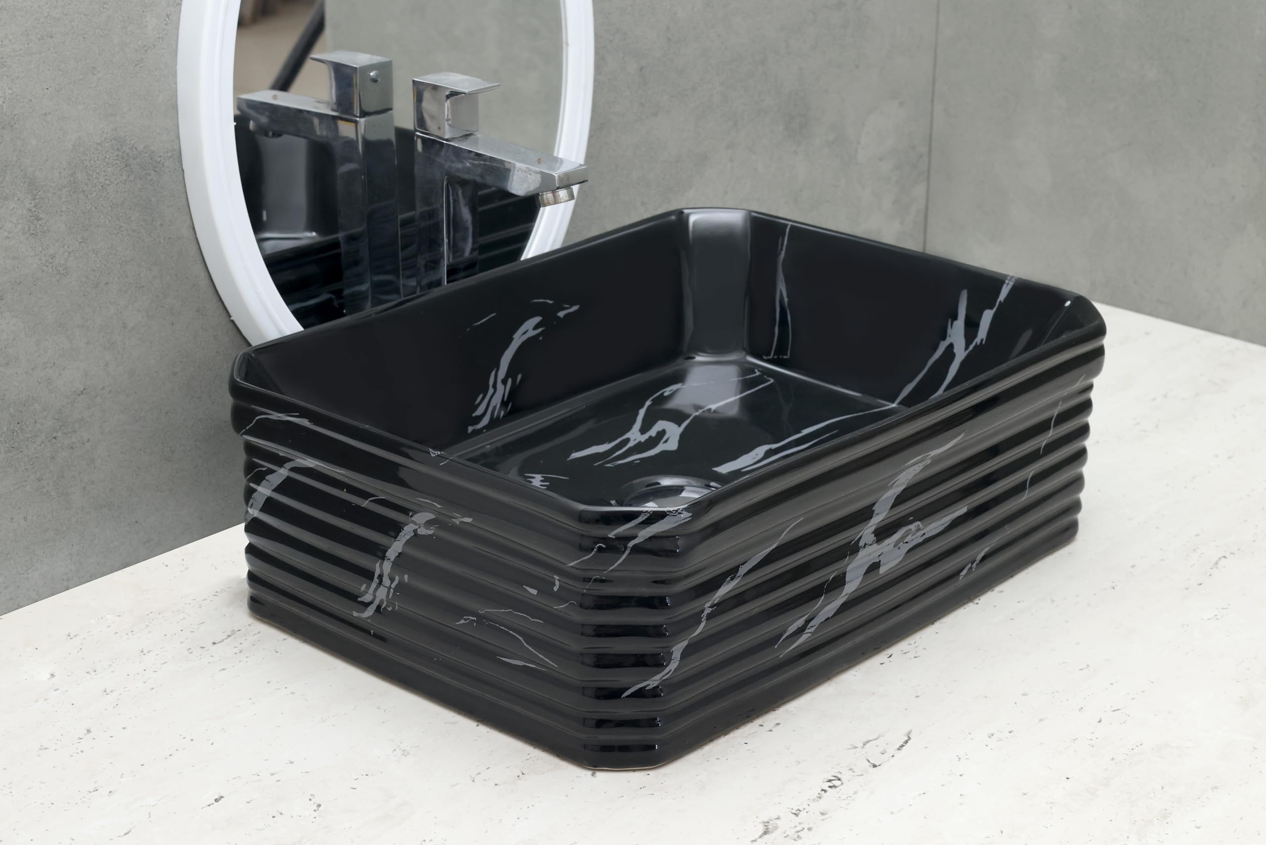 HISRE Table Top Wash Basin For Bathroom | Over Counter Top Wash Basin For Living Room | Washbasin Countertop | Tabletop Ceramic Bathroom Kitchen Sink (18 x 14 x 6 Inch) (Style - 4) AM3209, photo 2 of 4