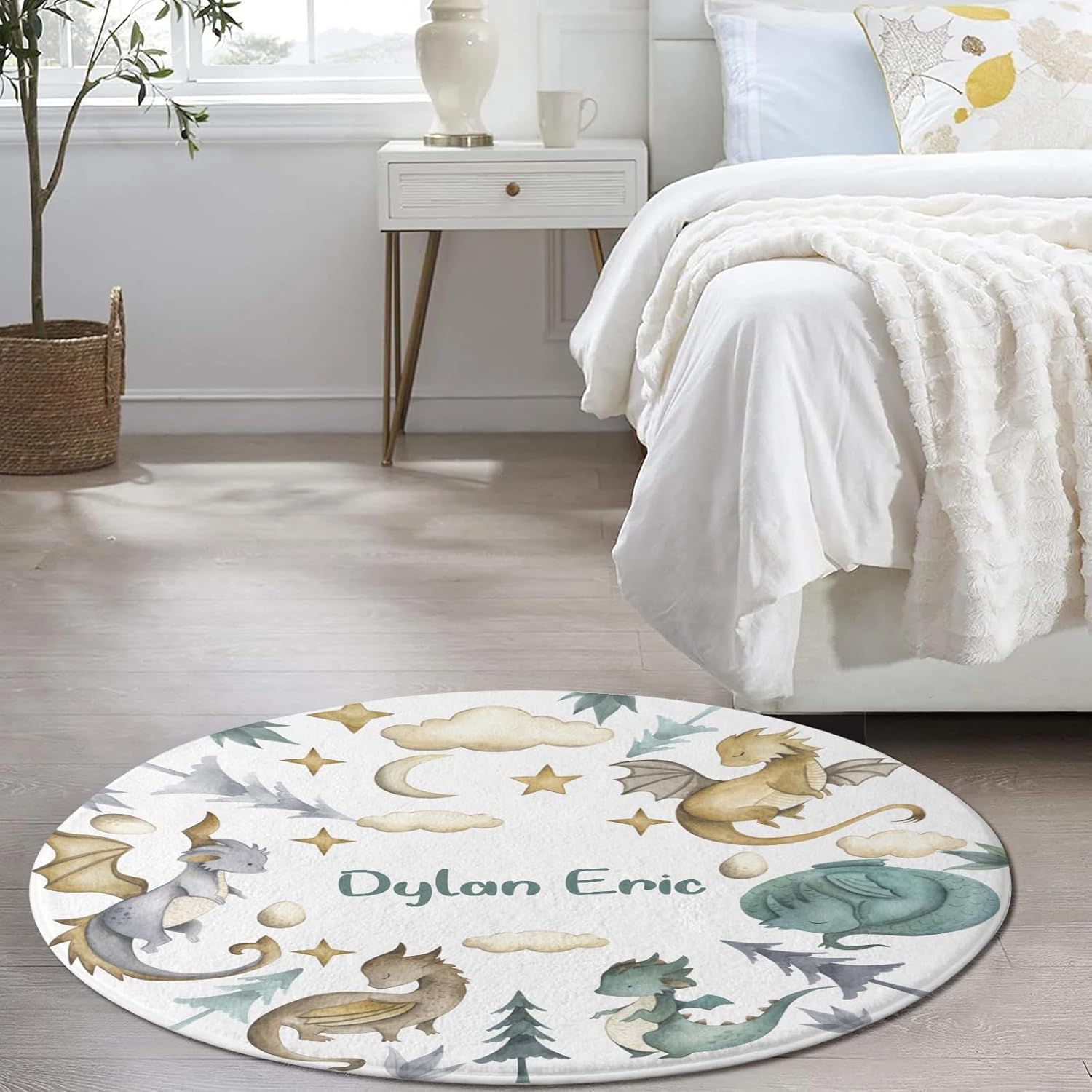 Personalized Ancient Animals Dragon Watercolor Custom Round Area Rug Baby Crawling Floor Mats Gifts for Boys Girls Babies with Names Nursery Bedroom Living Room Decor 39.4x39.4Inch