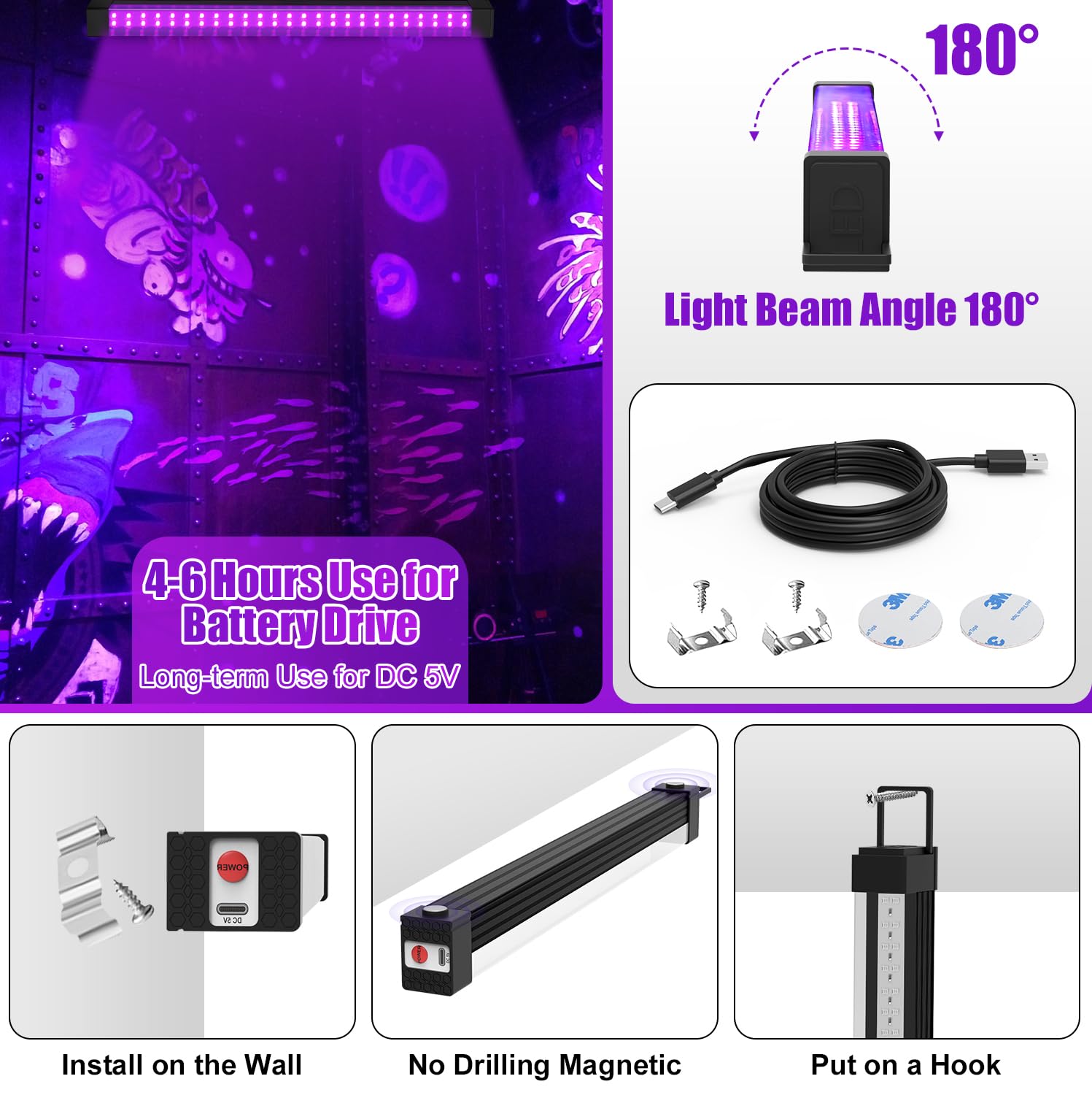 Wiederaufladbare Schwarzlicht, 31 cm 50 LEDs UV Schwarzlichtlampe mit 3600mAh Akku, 3 Modi (Hoch, Niedrig, Blinken), Type-C Ladekabel, Tragbar für Glow-Partys, Body Art und Home-Deko