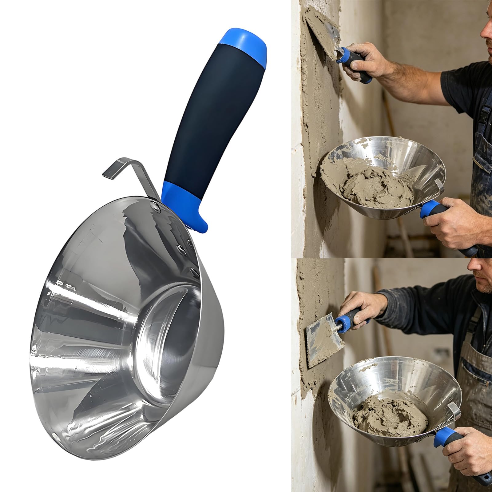 Vaschetta per malta per intonacare le pareti in acciaio inossidabile, ciotola conica da 18 cm con impugnatura per lavori manuali trasporto e finitura del cemento Utilizzare la vaschetta per malta