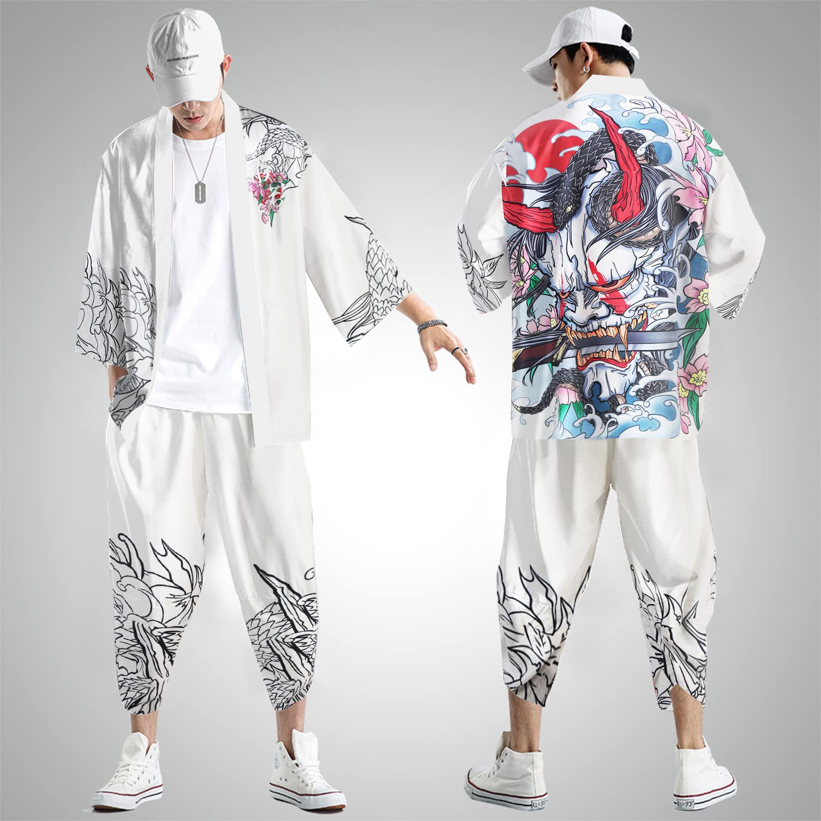 Generico Kimono estivo da uomo, 2 pezzi, tuta sportiva a maniche corte, maglietta funzionale, pantaloncini, accappatoio giapponese, classico, cardigan classico, giacca classica