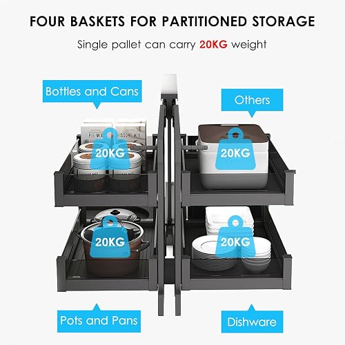 Blind Corner Pull out Kitchen Storage with 4 Storage Baskets Kitchen Cupboard Organiser Soft Close Left Open & Right Open Compatible Slide out Cabinet Organizer for Home Kitchen - 6