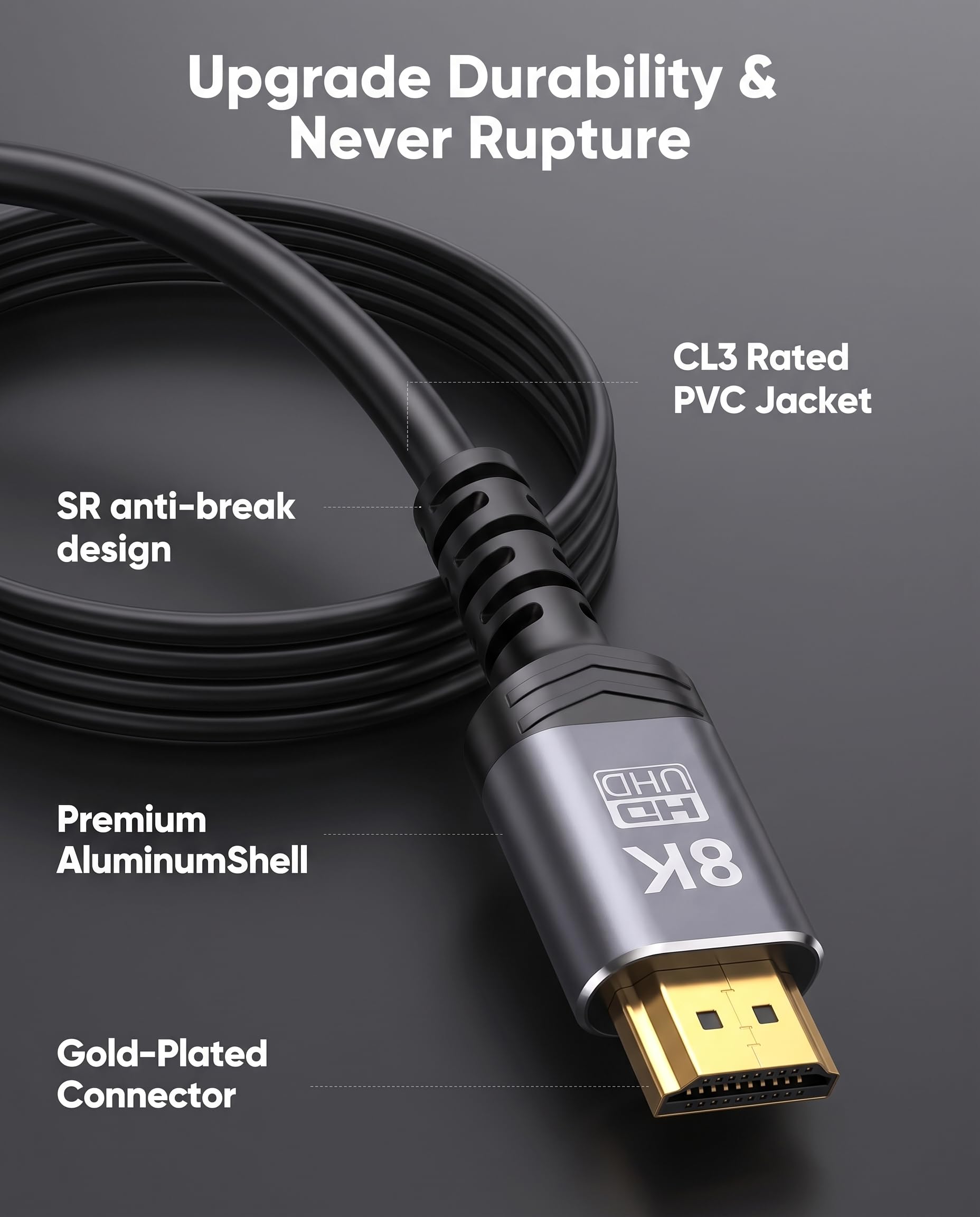 Cavo HDMI 8K 9 m, lungo HDMI 2,1 a parete, CL3, per PS5 8K a 60 Hz | 48Gbps ad alta velocità schermato 4K, 2K, eARC, HDR, HDCP 2.3 per Roku TV/laptop/monitor/HDTV/PC