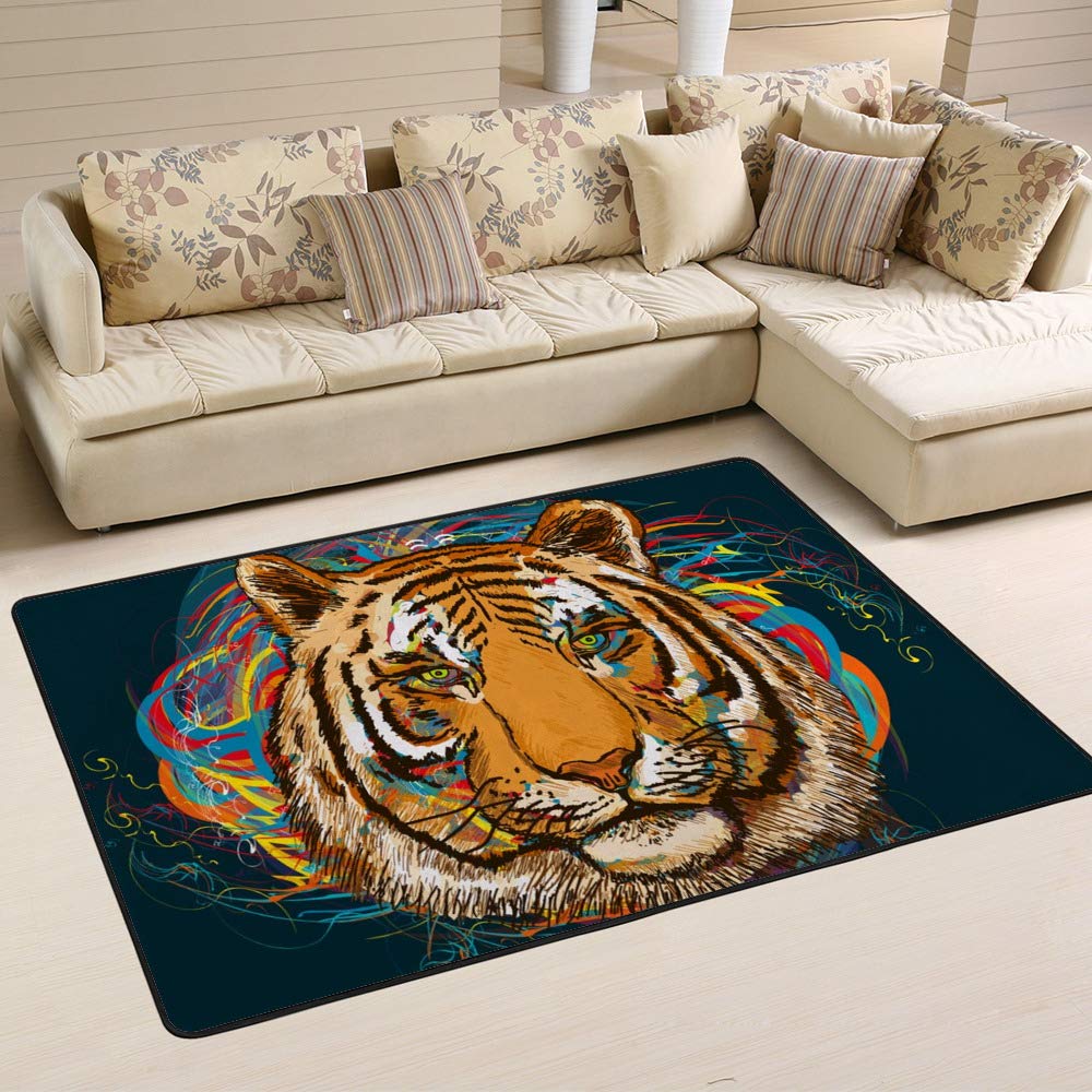 Tapis de sol imprimé tigre Ruchen en velours corail pour salon et chambre 60x39 inch