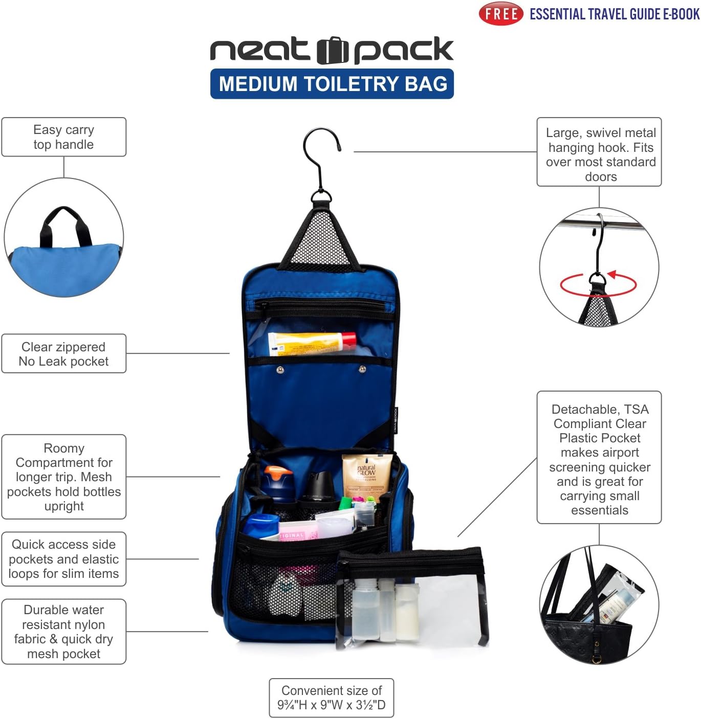 NeatPack Medium Size Hanging Toiletry Bag with Detachable TSA Compliant Zipper Pocket & Swivel Hook (Marine)
