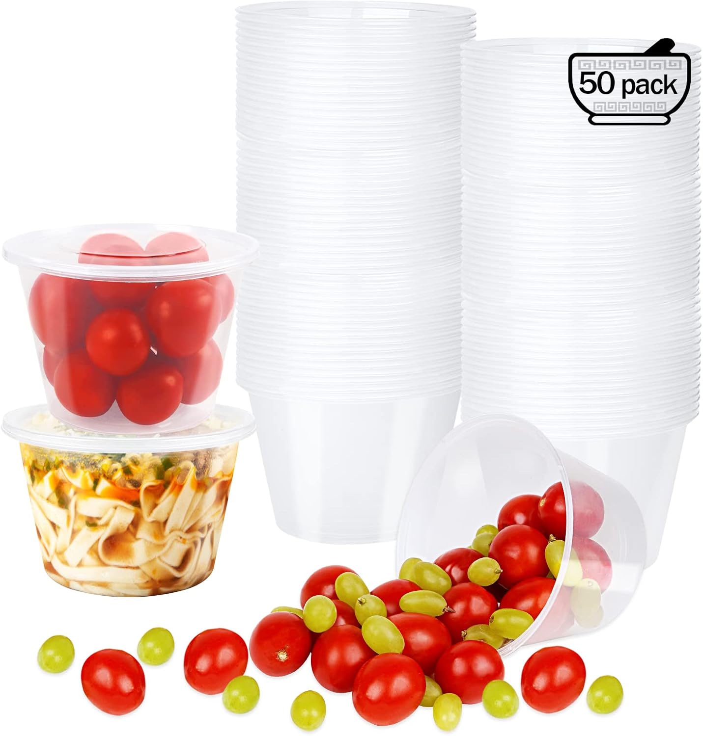 16 OZ [50 Set] Plastic Deli Food Storage Containers with Leak-Proof Airtight Lids BPA Free Disposable Togo Clear Containers for Soups, Heavy-Duty Ice Cream Microwave Dishwasher Freezer Safe