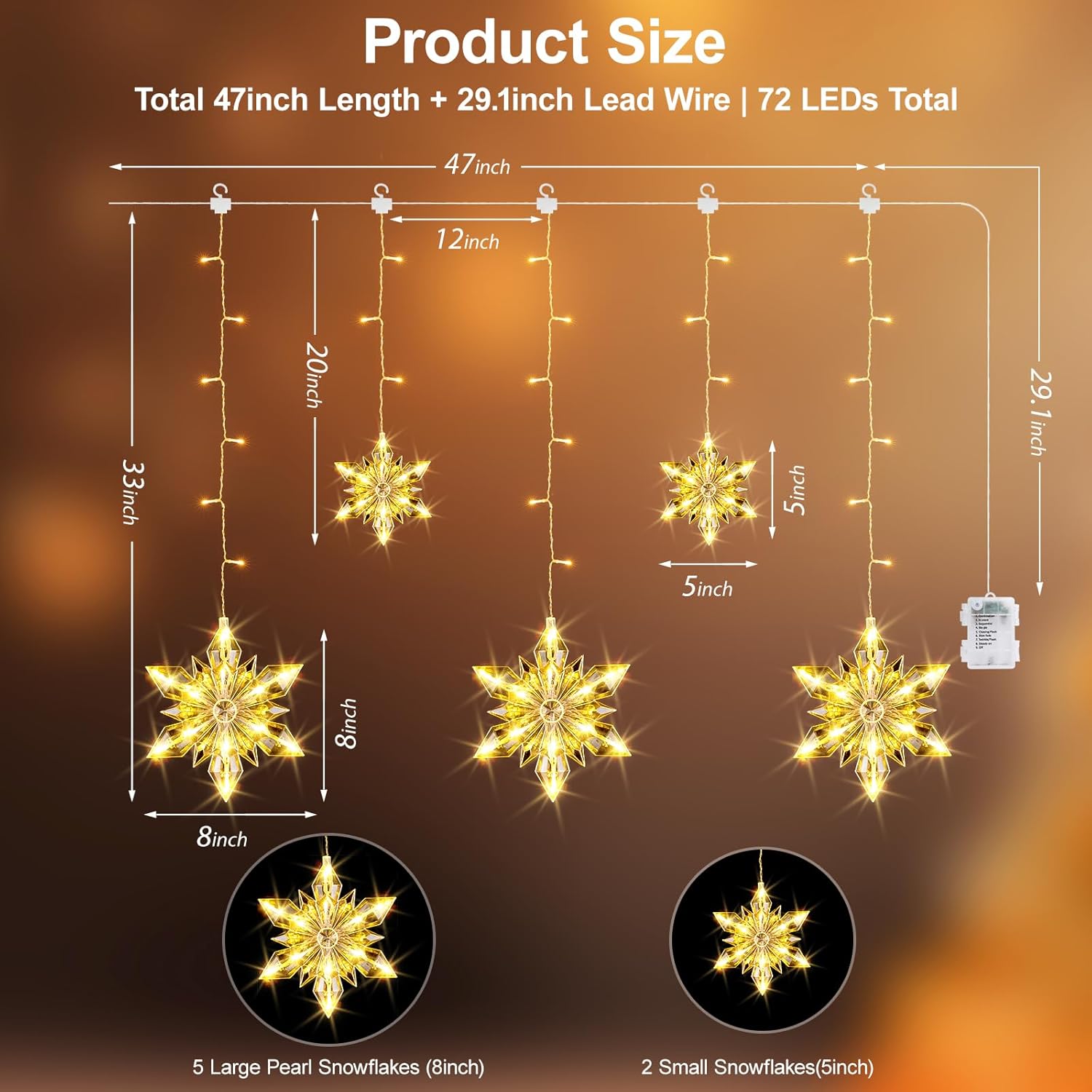 Christmas Snowflakes Window Lights, 5 Pack 72 LEDs Waterproof Hanging Battery Operated Christmas Decoration with Timer for Indoor Outdoor Xmas Home Winter Party Patio Bedroom Decor, Warm White