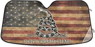 Vintage American Flag Car Windshield Sun Shade Dont Tread On Me Car Sun Visor for UV Rays and Sun Heat USA Flag Black Coiled Rattle Snake Sun Foldable Sun Shield 57x32 Inches Automotive Accessories