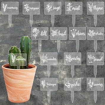 arricraft 15 Pcs Clear Acrylic Plant Labels, Herbal Themed Plant Labels with White Herbal Patterns and Names T-Shaped Plant Markers Bulk for Lab Garden Nursery Potted Plants